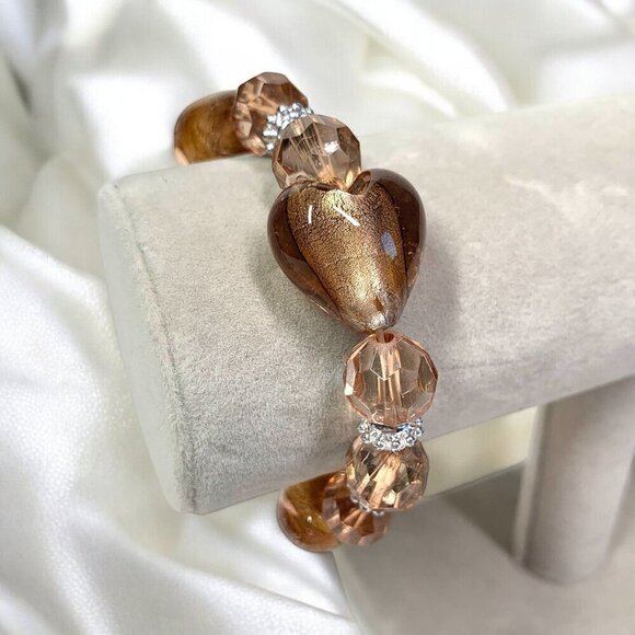 Dichroic Art Glass Bracelet Heart Motif Pale Amber Brown Silver Stretch To Fit - Picture 2 of 4